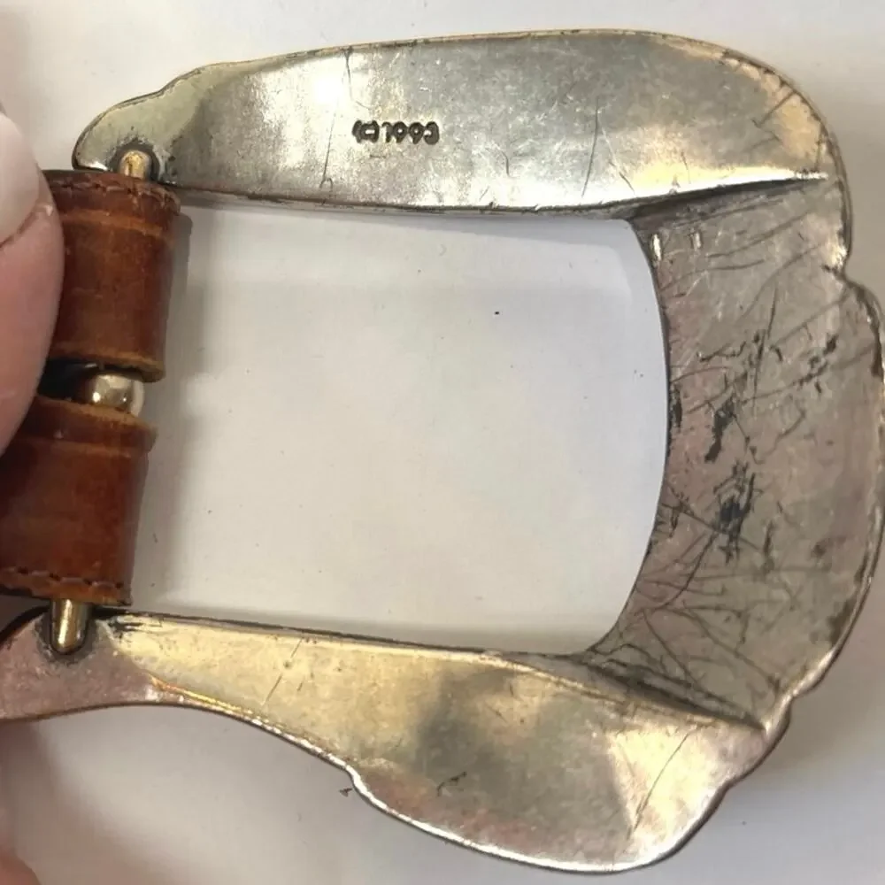 Onyx Brown Leather Western Belt Size 32 Silver Tone Engraved Buckle Vintage